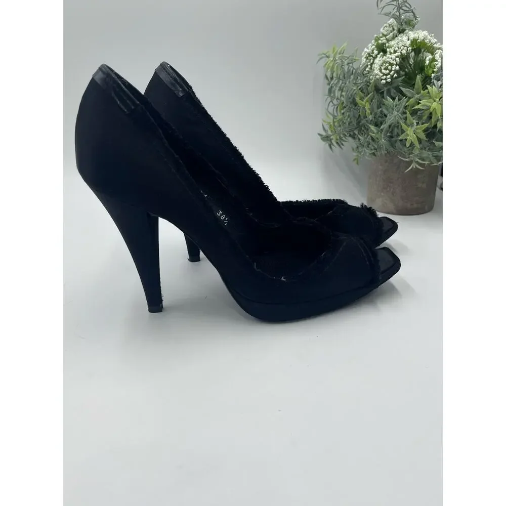 PEDRO GARCIA Black Satin‎ Silk Distressed Peep Toe Pumps Heels  Heels
